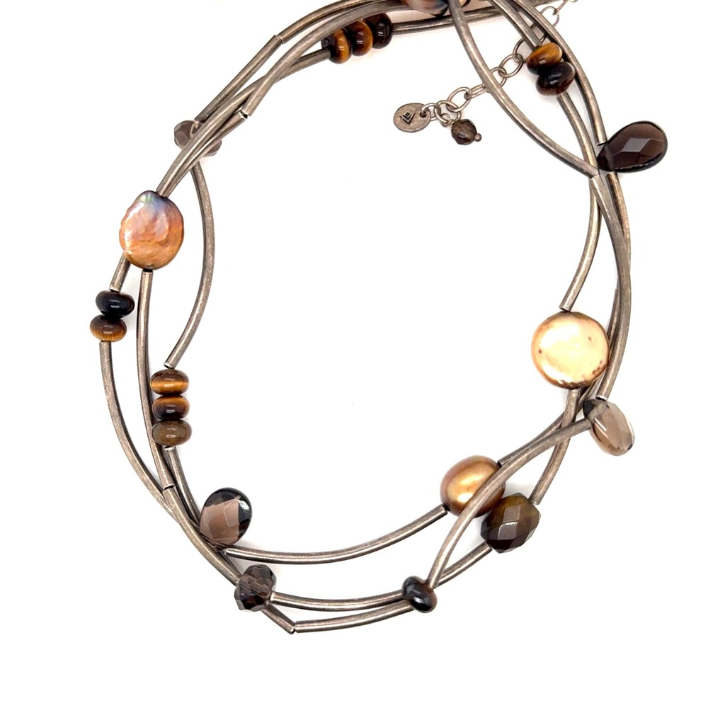 Silpada Sterling Silver Multi Strand Tigers Eye Pearl Smoky Quartz Necklace